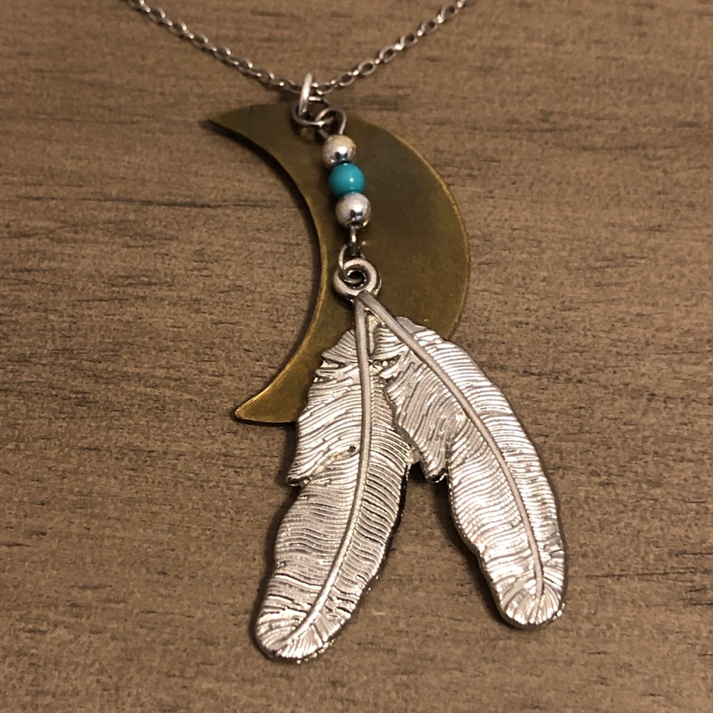 Silver Tone Feather and Bronze Moon Pendant Vintage Necklace